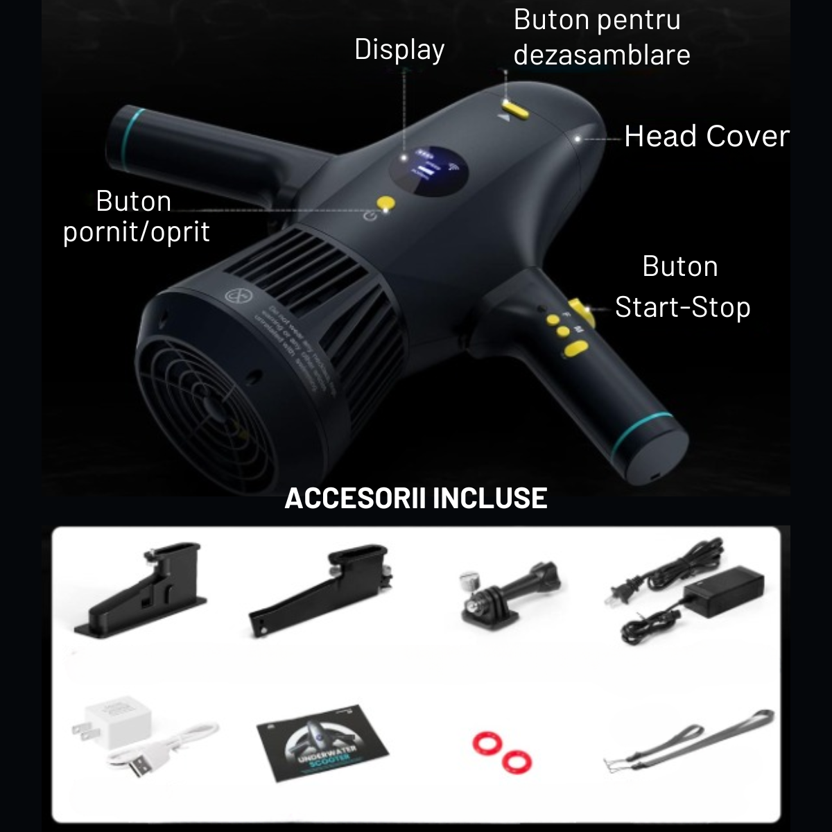 Scuter subacvatic VisionHub®, SEASCOOTER Stermay M1, Suport camera de actiune, Manere detasabile, cu suport pentru Paddleboard/ placi de surf SUP, pentru piscina, scufundari si snorkeling