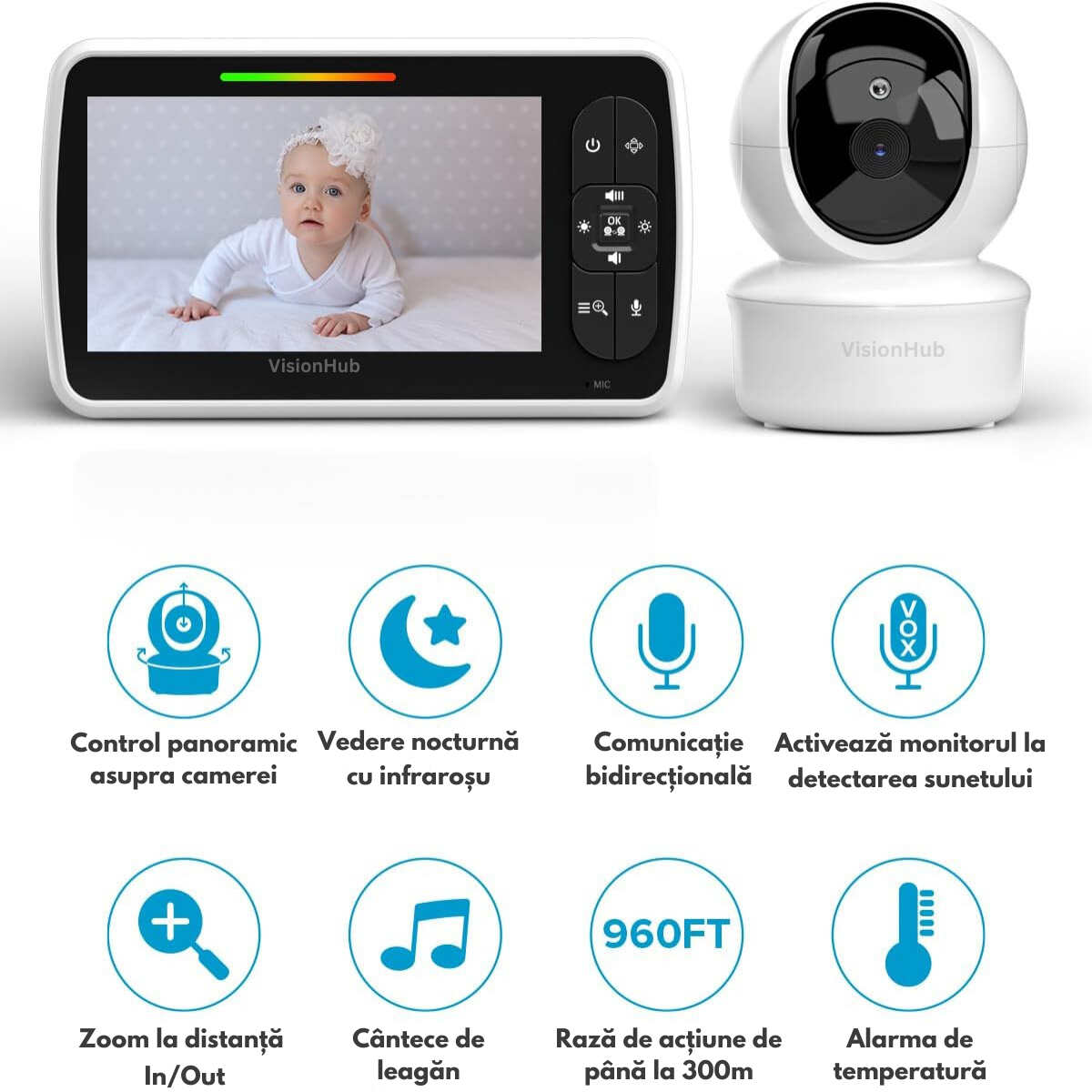 Baby Monitor cu Camera Video-Audio pentru supraveghere bebelusi Wireless, VisionHub®, Ecran color de 5 inch LCD, Monitorizare temperatura, Rotire, Cantece Leagan, Interactiune cu Bebelusul, Vedere Nocturna