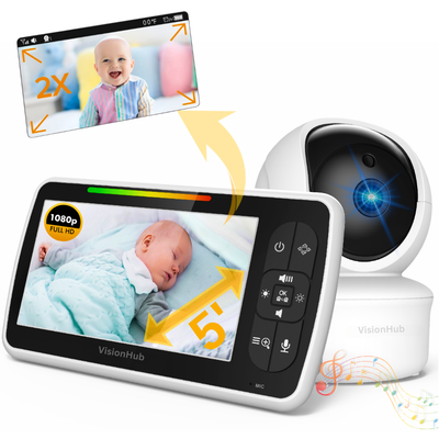 Baby Monitor cu Camera Video-Audio pentru supraveghere bebelusi Wireless, VisionHub®, Ecran color de 5 inch LCD, Monitorizare temperatura, Rotire, Cantece Leagan, Interactiune cu Bebelusul, Vedere Nocturna