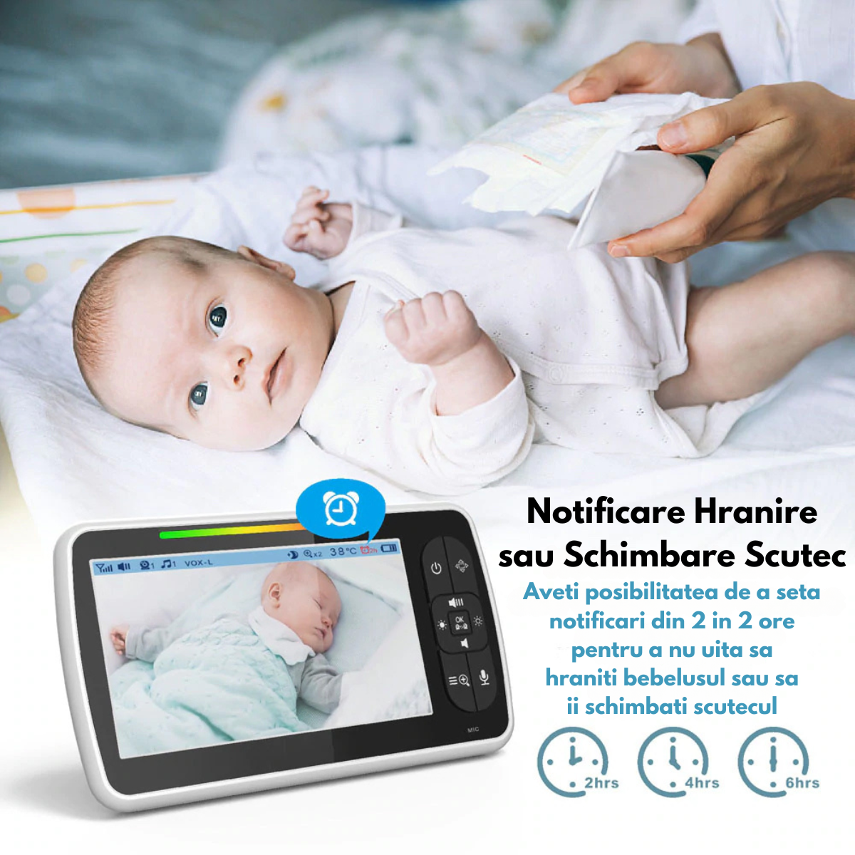 Baby Monitor cu Camera Video-Audio pentru supraveghere bebelusi Wireless, VisionHub®, Ecran color de 5 inch LCD, Monitorizare temperatura, Rotire, Cantece Leagan, Interactiune cu Bebelusul, Vedere Nocturna