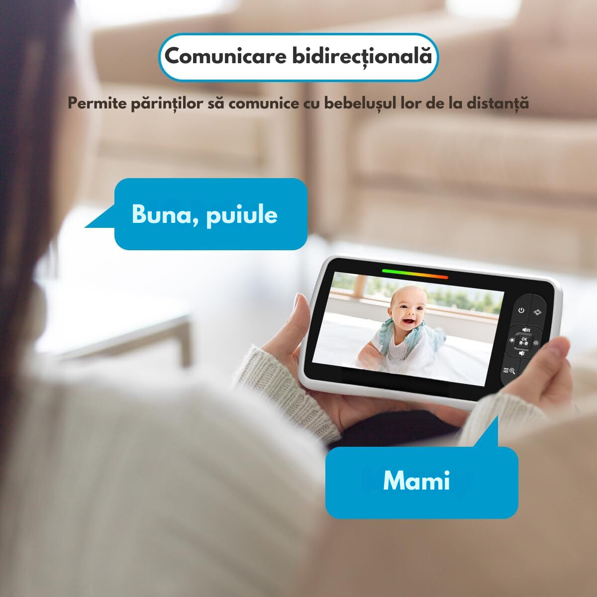 Baby Monitor cu Camera Video-Audio pentru supraveghere bebelusi Wireless, VisionHub®, Ecran color de 5 inch LCD, Monitorizare temperatura, Rotire, Cantece Leagan, Interactiune cu Bebelusul, Vedere Nocturna