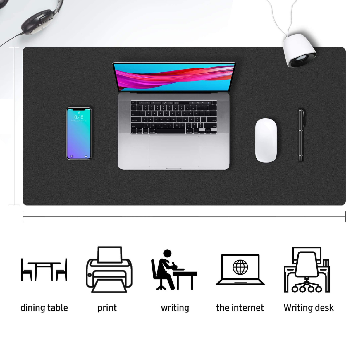 MousePad mare, din Piele PU pentru protectie birou, VisionHub®, Suprafata moale, Impermeabil, Baza Anti-Alunecare, 80x40cm, Negru