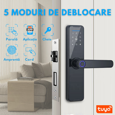 Incuietoare Inteligenta wireless, Yala cu Aplicatie Tuya, VisionHub®, Control de la Distanta, WiFi, 5 moduri de Acces, Cod PIN, Amprenta, 2 Chei, 2 Cartele, Broasca inclusa