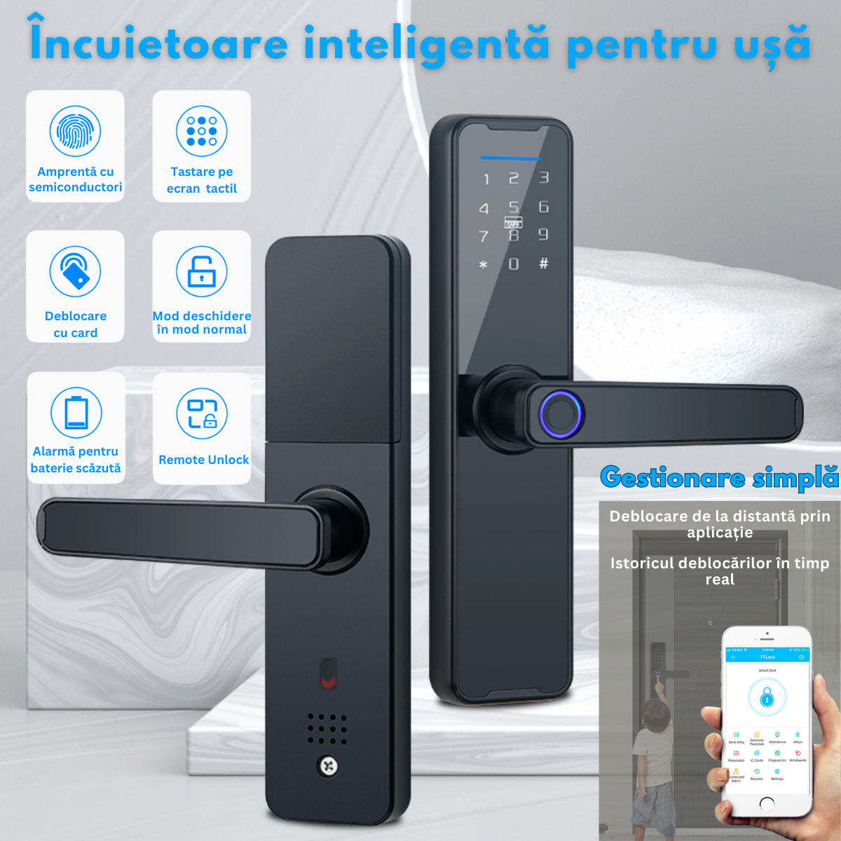 Incuietoare Inteligenta wireless, Yala cu Aplicatie Tuya, VisionHub®, Control de la Distanta, WiFi, 5 moduri de Acces, Cod PIN, Amprenta, 2 Chei, 2 Cartele, Broasca inclusa