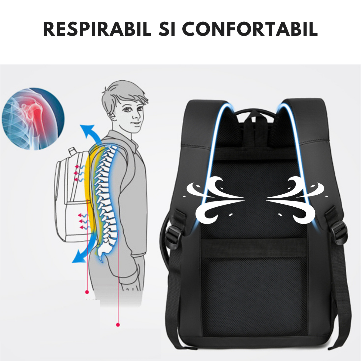 Rucsac multifunctional, Rezistent la apa, respirabil si spatios, cu Port de incarcare USB, smart casual pentru Business/ Calatorii si Laptop 15,6 inchi, VisionHub, 44cm X 32cm, Gri