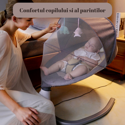 Leagan Electric Multifunctional Pentru Bebelusi, VisionHub®, Conexiune Bluetooth, Telecomanda, Reglabil cu 4 viteze, Jucarii si Melodii, Balansoar Copii cu Acoperis Rabatabil si Plasa Protectie Tantari, Gri