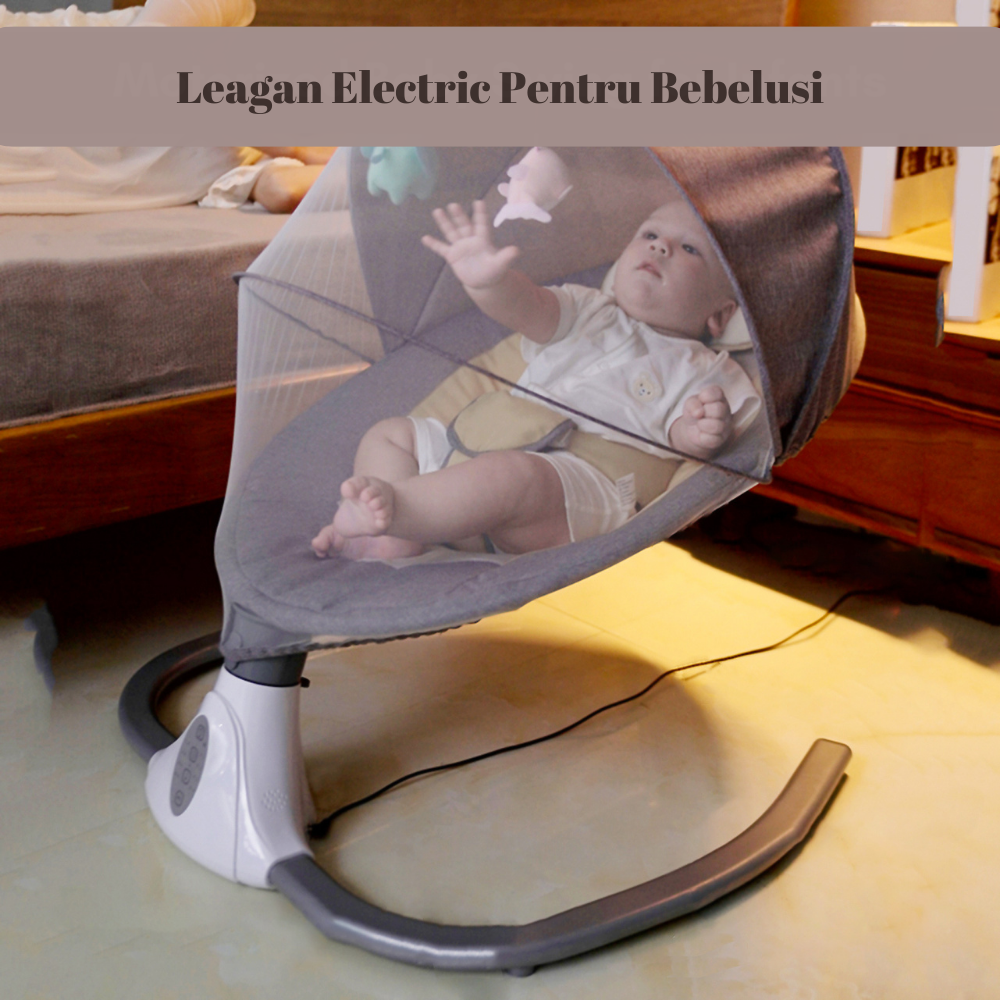 Leagan Electric Multifunctional Pentru Bebelusi, VisionHub®, Conexiune Bluetooth, Telecomanda, Reglabil cu 4 viteze, Jucarii si Melodii, Balansoar Copii cu Acoperis Rabatabil si Plasa Protectie Tantari, Gri