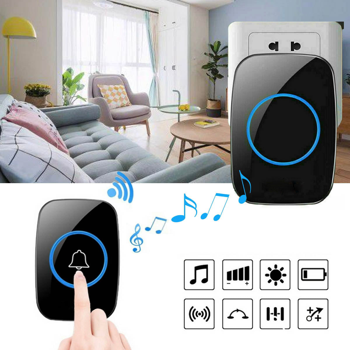 Sonerie Wireless cu Buton impermeabil, VisionHub®, Rezistenta la apa, Volum reglabil cu 5 Trepte, semnalizare cu LED, fara Fir, Raza mare de actiune, Negru
