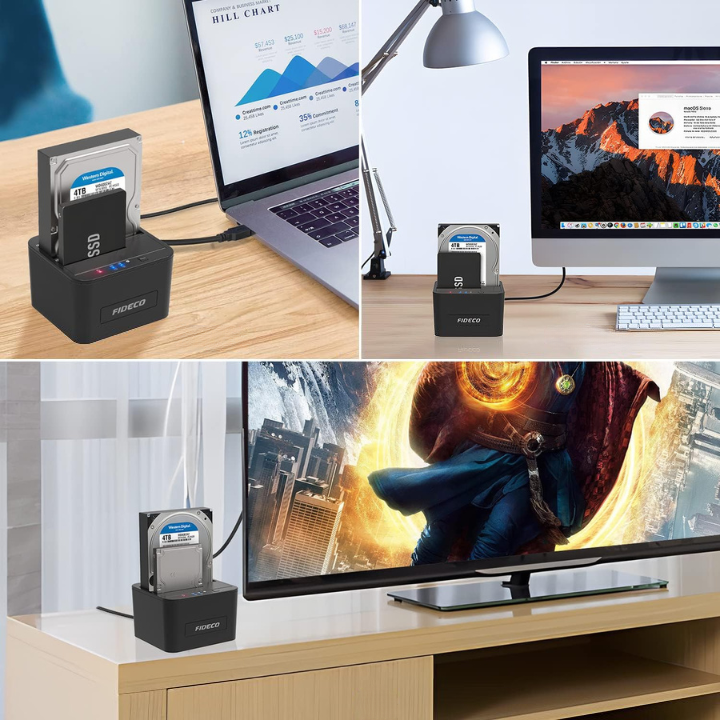 Statie de andocare Hard disk dubla, FIDECO, USB 3.1, Rack compatibil SATA HDD/SSD 2.5"/3.5", Docking Station 4 In 1 cu functia clonare offline, cititor de carduri SD/TF, Porturi Usb, Neagra