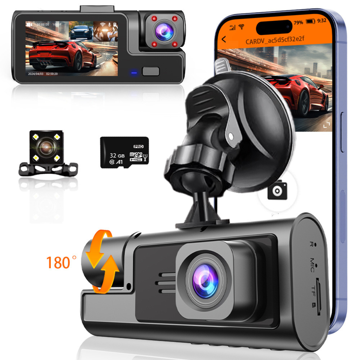 Camera Auto Tripla de bord Full HD 1080P VisionHub®, WIFI, G-Senzor Reglabil, Aplicatie Pe Telefon, Night Vision, Loop Recording, Unghi Larg 170°, Ecran IPS De 2,0 Inch, DVR cu Camera Fata - Spat + Interior incluse, Negru