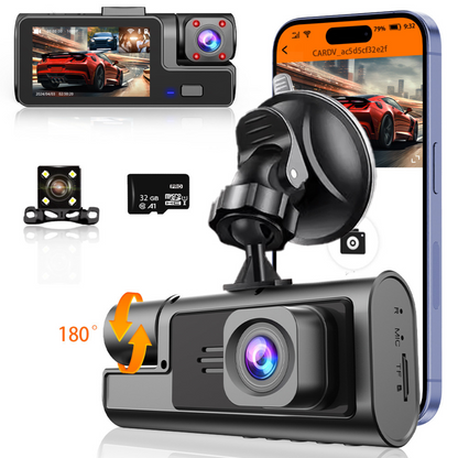 Camera Auto Tripla de bord Full HD 1080P VisionHub®, WIFI, G-Senzor Reglabil, Aplicatie Pe Telefon, Night Vision, Loop Recording, Unghi Larg 170°, Ecran IPS De 2,0 Inch, DVR cu Camera Fata - Spat + Interior incluse, Negru
