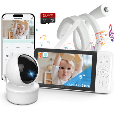 Baby Monitor WiFi 2in1 cu Aplicatie telefon, Camera Audio-Video Multi View, VisionHub®, Ecran UltraHD 1080P de 5inch, Night Vision, Rotire 355°/90°, Zoom pentru Supraveghere Bebelusi, 3000mAh, Notificari Miscare, Plans, Temperatura, Umiditate, Cantece