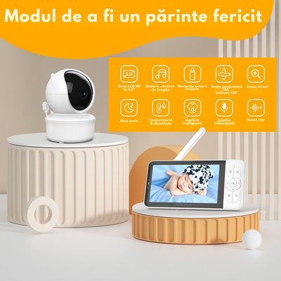 Baby Monitor WiFi 2in1 cu Aplicatie telefon, Camera Audio-Video Multi View, VisionHub®, Ecran UltraHD 1080P de 5inch, Night Vision, Rotire 355°/90°, Zoom pentru Supraveghere Bebelusi, 3000mAh, Notificari Miscare, Plans, Temperatura, Umiditate, Cantece