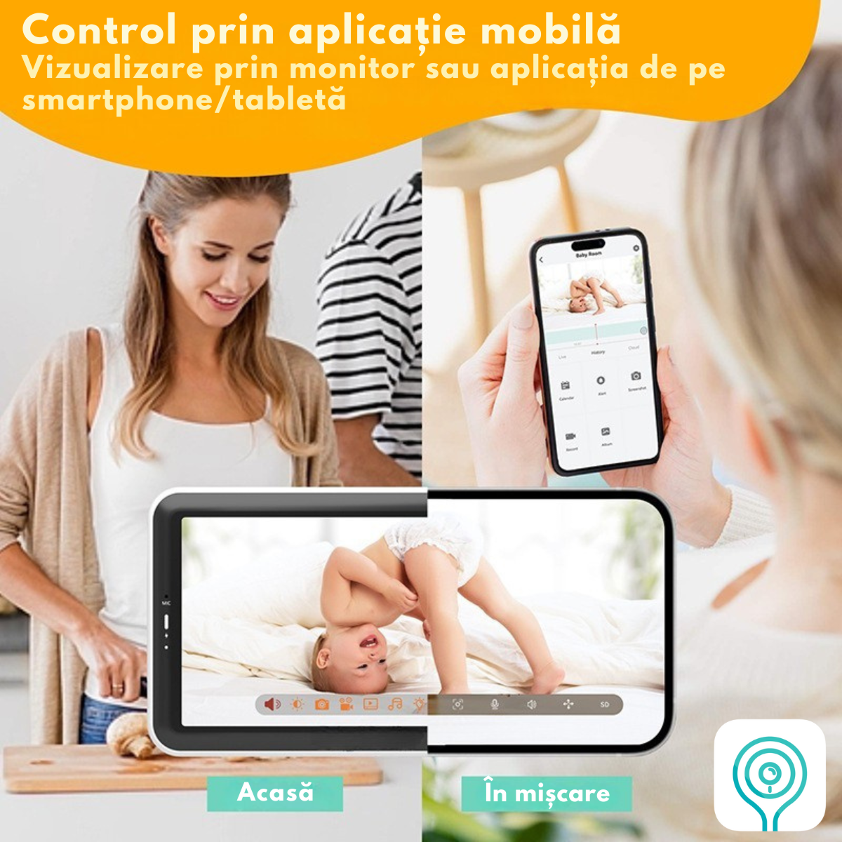 Baby Monitor WiFi 2in1 cu Aplicatie telefon, Camera Audio-Video Multi View, VisionHub®, Ecran UltraHD 1080P de 5inch, Night Vision, Rotire 355°/90°, Zoom pentru Supraveghere Bebelusi, 3000mAh, Notificari Miscare, Plans, Temperatura, Umiditate, Cantece