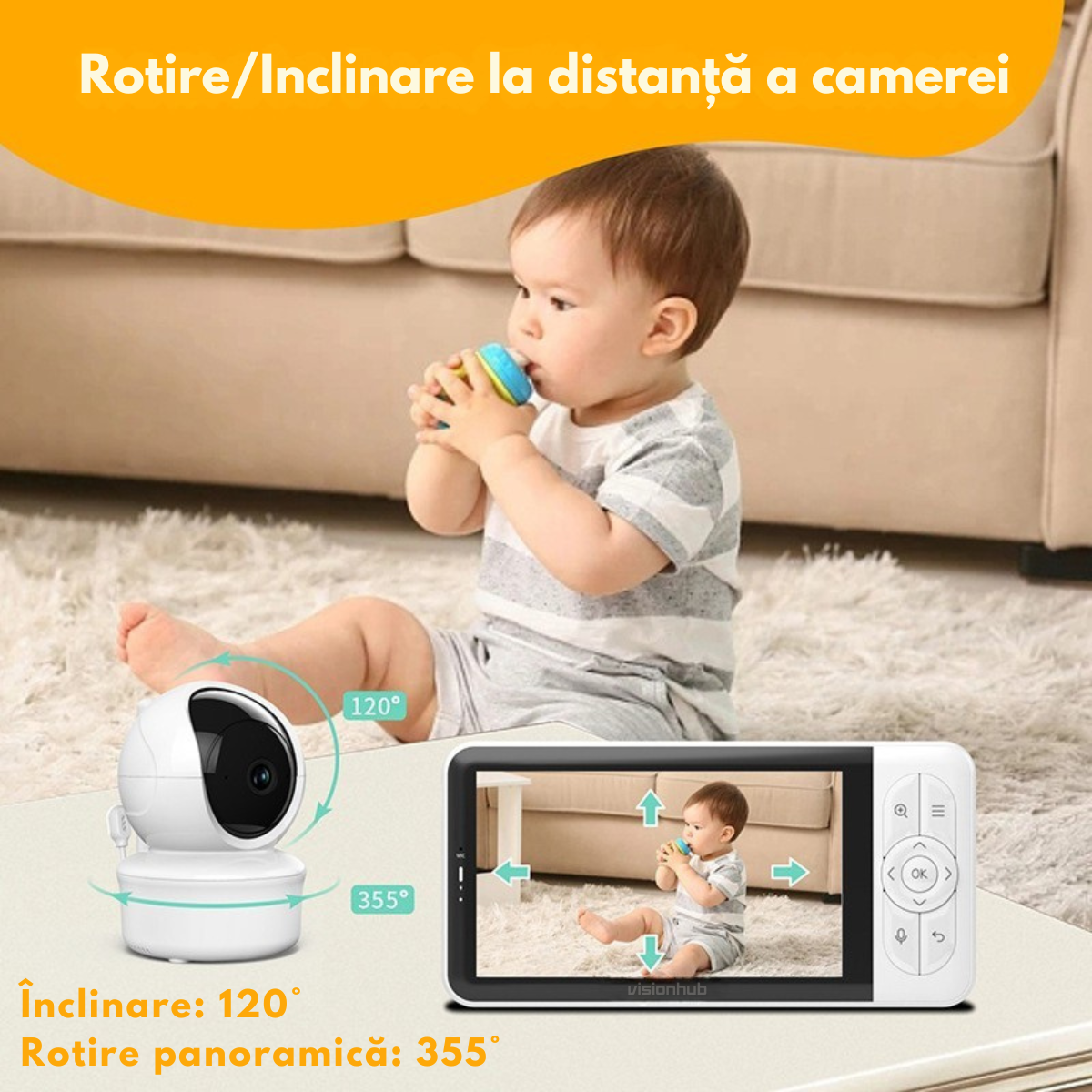 Baby Monitor WiFi 2in1 cu Aplicatie telefon, Camera Audio-Video Multi View, VisionHub®, Ecran UltraHD 1080P de 5inch, Night Vision, Rotire 355°/90°, Zoom pentru Supraveghere Bebelusi, 3000mAh, Notificari Miscare, Plans, Temperatura, Umiditate, Cantece