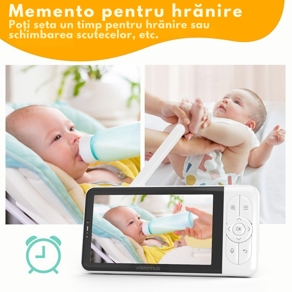 Baby Monitor WiFi 2in1 cu Aplicatie telefon, Camera Audio-Video Multi View, VisionHub®, Ecran UltraHD 1080P de 5inch, Night Vision, Rotire 355°/90°, Zoom pentru Supraveghere Bebelusi, 3000mAh, Notificari Miscare, Plans, Temperatura, Umiditate, Cantece