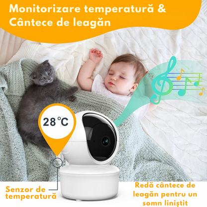 Baby Monitor WiFi 2in1 cu Aplicatie telefon, Camera Audio-Video Multi View, VisionHub®, Ecran UltraHD 1080P de 5inch, Night Vision, Rotire 355°/90°, Zoom pentru Supraveghere Bebelusi, 3000mAh, Notificari Miscare, Plans, Temperatura, Umiditate, Cantece