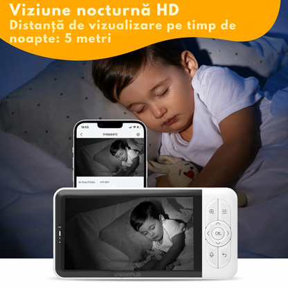 Baby Monitor WiFi 2in1 cu Aplicatie telefon, Camera Audio-Video Multi View, VisionHub®, Ecran UltraHD 1080P de 5inch, Night Vision, Rotire 355°/90°, Zoom pentru Supraveghere Bebelusi, 3000mAh, Notificari Miscare, Plans, Temperatura, Umiditate, Cantece