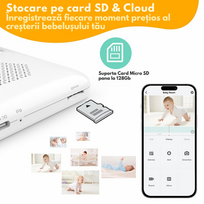 Baby Monitor WiFi 2in1 cu Aplicatie telefon, Camera Audio-Video Multi View, VisionHub®, Ecran UltraHD 1080P de 5inch, Night Vision, Rotire 355°/90°, Zoom pentru Supraveghere Bebelusi, 3000mAh, Notificari Miscare, Plans, Temperatura, Umiditate, Cantece