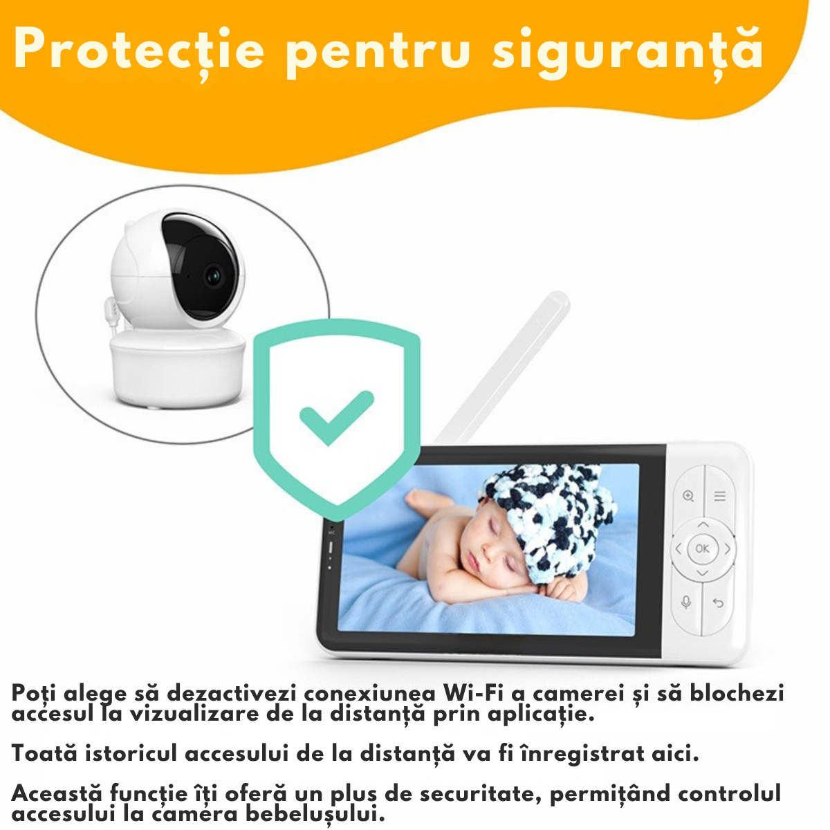 Baby Monitor WiFi 2in1 cu Aplicatie telefon, Camera Audio-Video Multi View, VisionHub®, Ecran UltraHD 1080P de 5inch, Night Vision, Rotire 355°/90°, Zoom pentru Supraveghere Bebelusi, 3000mAh, Notificari Miscare, Plans, Temperatura, Umiditate, Cantece