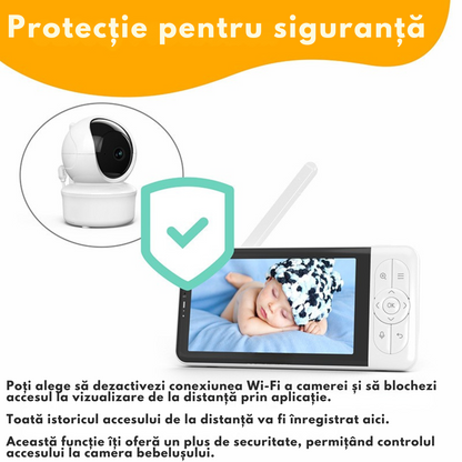 Baby Monitor WiFi 2in1 cu Aplicatie telefon, Camera Audio-Video Multi View, VisionHub®, Ecran UltraHD 1080P de 5inch, Night Vision, Rotire 355°/90°, Zoom pentru Supraveghere Bebelusi, 3000mAh, Notificari Miscare, Plans, Temperatura, Umiditate, Cantece