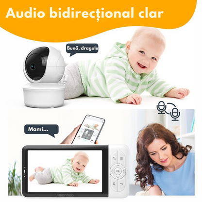Baby Monitor WiFi 2in1 cu Aplicatie telefon, Camera Audio-Video Multi View, VisionHub®, Ecran UltraHD 1080P de 5inch, Night Vision, Rotire 355°/90°, Zoom pentru Supraveghere Bebelusi, 3000mAh, Notificari Miscare, Plans, Temperatura, Umiditate, Cantece
