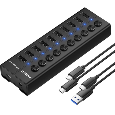Hub USB 3.2 Gen 1 FIDECO cu 10 Porturi, Viteza 5Gbps, Alimentare 12V/4A, din Aluminiu, Incarcare Rapida BC1.2, Comutatoare Independente & LED, Conectare Simultana pentru Laptop, PC, Consola, HDD, Adaptor portabil Multiport VisionHub®, Periferice USB