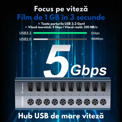 Hub USB 3.2 Gen 1 FIDECO cu 10 Porturi, Viteza 5Gbps, Alimentare 12V/4A, din Aluminiu, Incarcare Rapida BC1.2, Comutatoare Independente & LED, Conectare Simultana pentru Laptop, PC, Consola, HDD, Adaptor portabil Multiport VisionHub®, Periferice USB