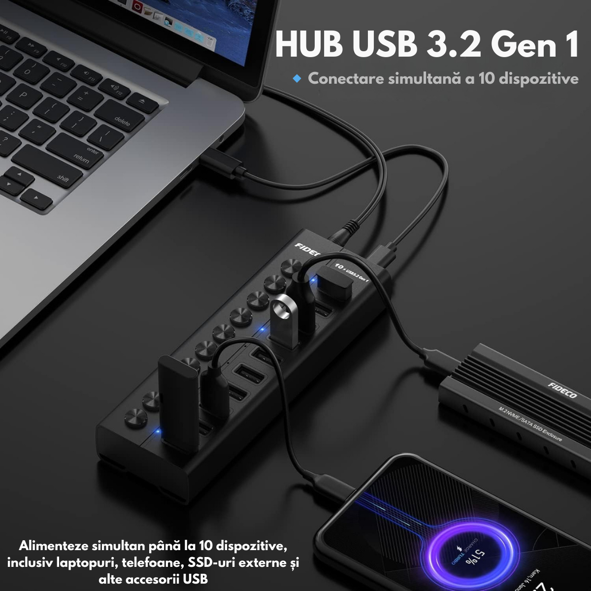 Hub USB 3.2 Gen 1 FIDECO cu 10 Porturi, Viteza 5Gbps, Alimentare 12V/4A, din Aluminiu, Incarcare Rapida BC1.2, Comutatoare Independente & LED, Conectare Simultana pentru Laptop, PC, Consola, HDD, Adaptor portabil Multiport VisionHub®, Periferice USB