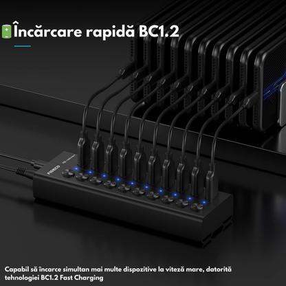 Hub USB 3.2 Gen 1 FIDECO cu 10 Porturi, Viteza 5Gbps, Alimentare 12V/4A, din Aluminiu, Incarcare Rapida BC1.2, Comutatoare Independente & LED, Conectare Simultana pentru Laptop, PC, Consola, HDD, Adaptor portabil Multiport VisionHub®, Periferice USB