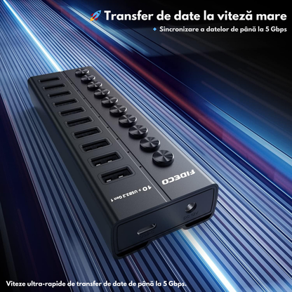 Hub USB 3.2 Gen 1 FIDECO cu 10 Porturi, Viteza 5Gbps, Alimentare 12V/4A, din Aluminiu, Incarcare Rapida BC1.2, Comutatoare Independente & LED, Conectare Simultana pentru Laptop, PC, Consola, HDD, Adaptor portabil Multiport VisionHub®, Periferice USB