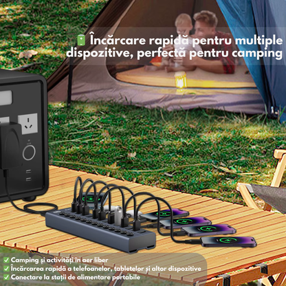 Hub USB 3.2 Gen 1 FIDECO cu 10 Porturi, Viteza 5Gbps, Alimentare 12V/4A, din Aluminiu, Incarcare Rapida BC1.2, Comutatoare Independente & LED, Conectare Simultana pentru Laptop, PC, Consola, HDD, Adaptor portabil Multiport VisionHub®, Periferice USB