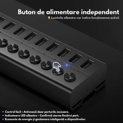 Hub USB 3.2 Gen 1 FIDECO cu 10 Porturi, Viteza 5Gbps, Alimentare 12V/4A, din Aluminiu, Incarcare Rapida BC1.2, Comutatoare Independente & LED, Conectare Simultana pentru Laptop, PC, Consola, HDD, Adaptor portabil Multiport VisionHub®, Periferice USB