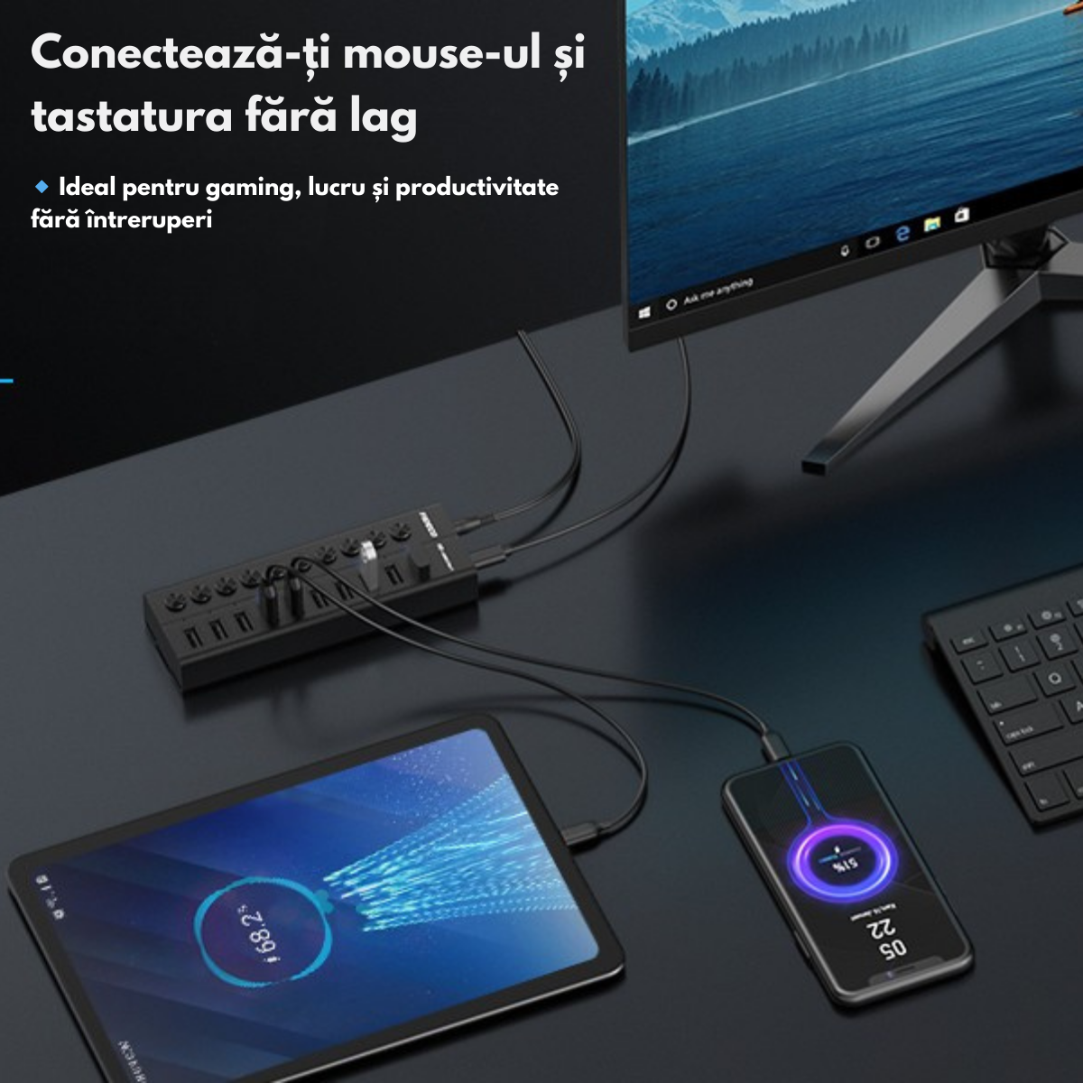 Hub USB 3.2 Gen 1 FIDECO cu 10 Porturi, Viteza 5Gbps, Alimentare 12V/4A, din Aluminiu, Incarcare Rapida BC1.2, Comutatoare Independente & LED, Conectare Simultana pentru Laptop, PC, Consola, HDD, Adaptor portabil Multiport VisionHub®, Periferice USB
