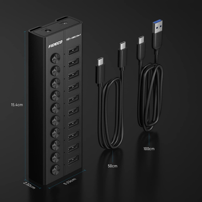 Hub USB 3.2 Gen 1 FIDECO cu 10 Porturi, Viteza 5Gbps, Alimentare 12V/4A, din Aluminiu, Incarcare Rapida BC1.2, Comutatoare Independente & LED, Conectare Simultana pentru Laptop, PC, Consola, HDD, Adaptor portabil Multiport VisionHub®, Periferice USB