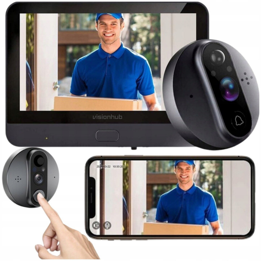 Vizor Video Inteligent Wi-Fi cu Sonerie, Interfon cu Camera HD 1080P, VisionHub®, 2MP, Ecran LCD 4.3-inch, Video Call cu Audio Bidirectional, Senzor Miscare PIR, Viziune Nocturna, Baterie 5000mAh, Suport Card SD & Aplicatie Mobila, Supraveghere 24/7
