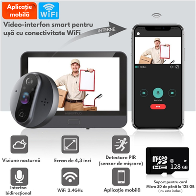 Vizor Video Inteligent Wi-Fi cu Sonerie, Interfon cu Camera HD 1080P, VisionHub®, 2MP, Ecran LCD 4.3-inch, Video Call cu Audio Bidirectional, Senzor Miscare PIR, Viziune Nocturna, Baterie 5000mAh, Suport Card SD & Aplicatie Mobila, Supraveghere 24/7