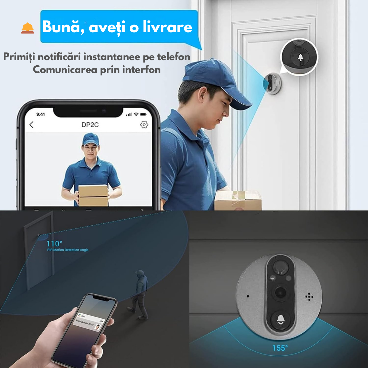 Vizor Video Inteligent Wi-Fi cu Sonerie, Interfon cu Camera HD 1080P, VisionHub®, 2MP, Ecran LCD 4.3-inch, Video Call cu Audio Bidirectional, Senzor Miscare PIR, Viziune Nocturna, Baterie 5000mAh, Suport Card SD & Aplicatie Mobila, Supraveghere 24/7