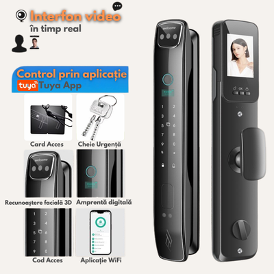 Yala inteligenta Smart cu recunoastere Faciala, Incuietoare wireless VisionHub® cu Camera Video, Deschidere cu Amprenta, Card, Parola, Cheie, Aplicatie compatibila Android si IOS, Control de la Distanta, Multiple moduri de acces, Broasca inclusa