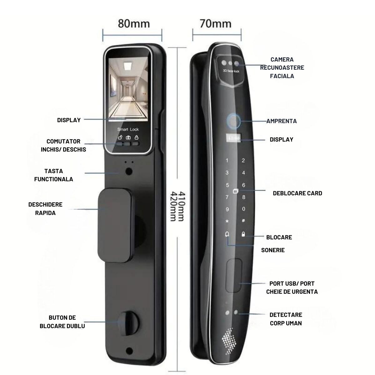 Yala inteligenta Smart cu recunoastere Faciala, Incuietoare wireless VisionHub® cu Camera Video, Deschidere cu Amprenta, Card, Parola, Cheie, Aplicatie compatibila Android si IOS, Control de la Distanta, Multiple moduri de acces, Broasca inclusa
