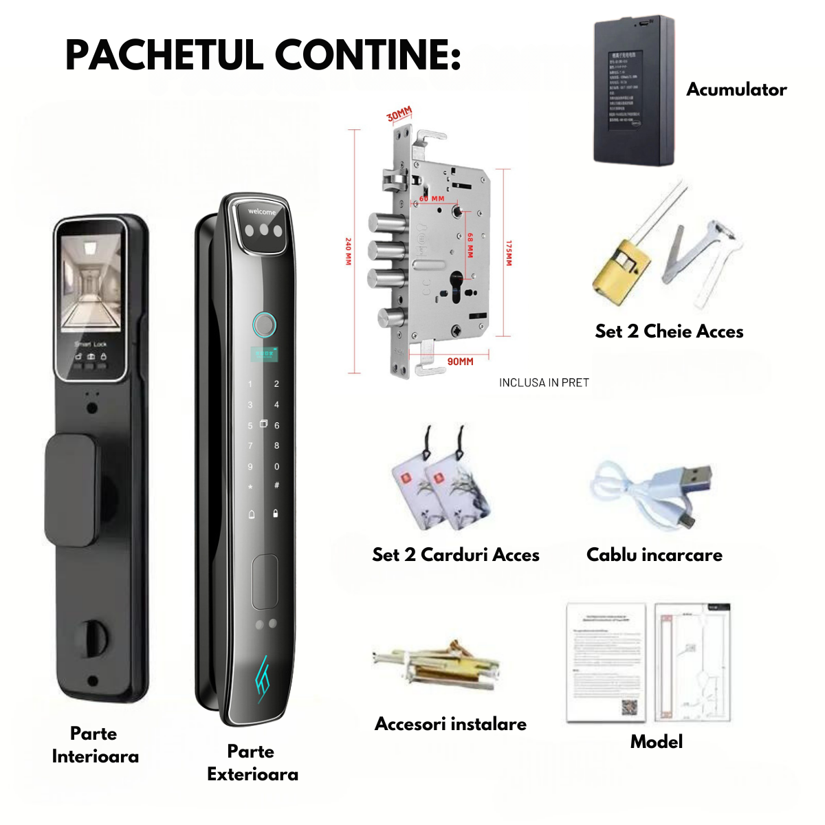 Yala inteligenta Smart cu recunoastere Faciala, Incuietoare wireless VisionHub® cu Camera Video, Deschidere cu Amprenta, Card, Parola, Cheie, Aplicatie compatibila Android si IOS, Control de la Distanta, Multiple moduri de acces, Broasca inclusa