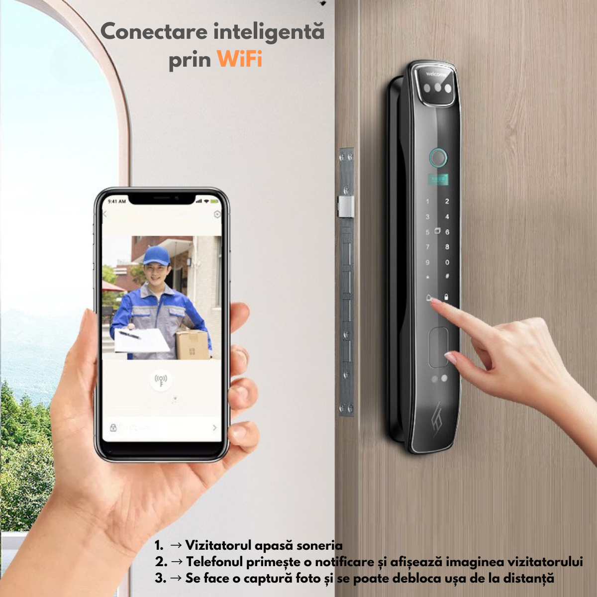 Yala inteligenta Smart cu recunoastere Faciala, Incuietoare wireless VisionHub® cu Camera Video, Deschidere cu Amprenta, Card, Parola, Cheie, Aplicatie compatibila Android si IOS, Control de la Distanta, Multiple moduri de acces, Broasca inclusa