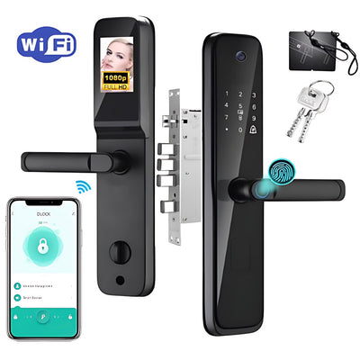 Incuietoare inteligenta Wireless Premium VisionHub®, Yala 5in1 cu Camera video si ecran HD, control de la distanta WiFi, broasca inclusa, acces prin Aplicatie, Card, Amprenta, Parola, Cheie, alarma efractie, aplicatie telefon Android si IOS