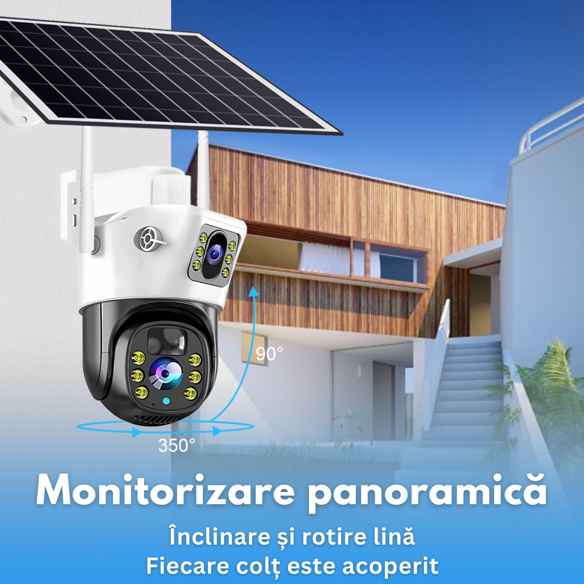 Camera Supraveghere Dubla VisionHub®, Wireless Exterior, Incarcare Solara, Baterie 12000mAh, Panou Solar10 w, Vizualizare 360°, Wi-fi, Conectare Telefon, 1080P FullHD, 4MP, zoom 10x, Audio Bidirectional, Alarma, Detectie Miscare PIR, Vizualizare Nocturna