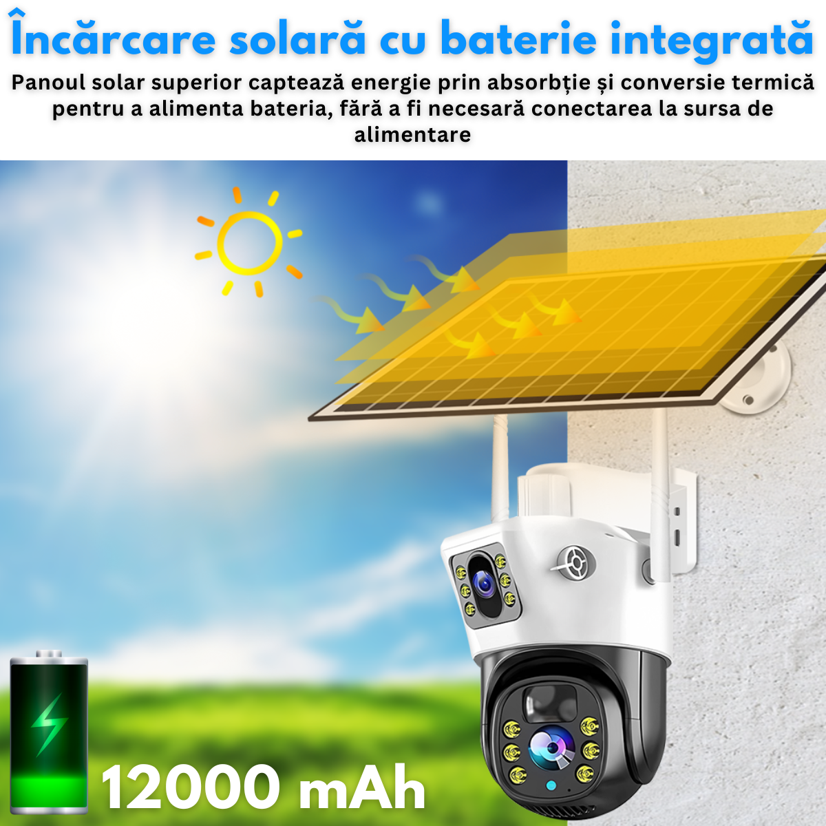 Camera Supraveghere Dubla VisionHub®, Wireless Exterior, Incarcare Solara, Baterie 12000mAh, Panou Solar10 w, Vizualizare 360°, Wi-fi, Conectare Telefon, 1080P FullHD, 4MP, zoom 10x, Audio Bidirectional, Alarma, Detectie Miscare PIR, Vizualizare Nocturna
