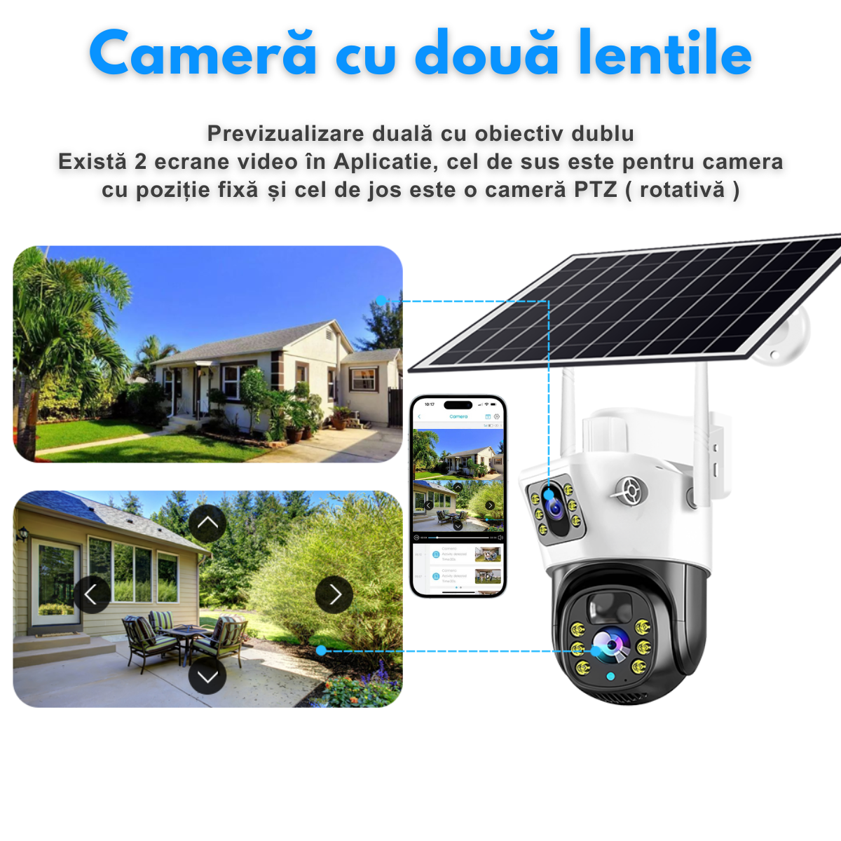 Camera Supraveghere Dubla VisionHub®, Wireless Exterior, Incarcare Solara, Baterie 12000mAh, Panou Solar10 w, Vizualizare 360°, Wi-fi, Conectare Telefon, 1080P FullHD, 4MP, zoom 10x, Audio Bidirectional, Alarma, Detectie Miscare PIR, Vizualizare Nocturna
