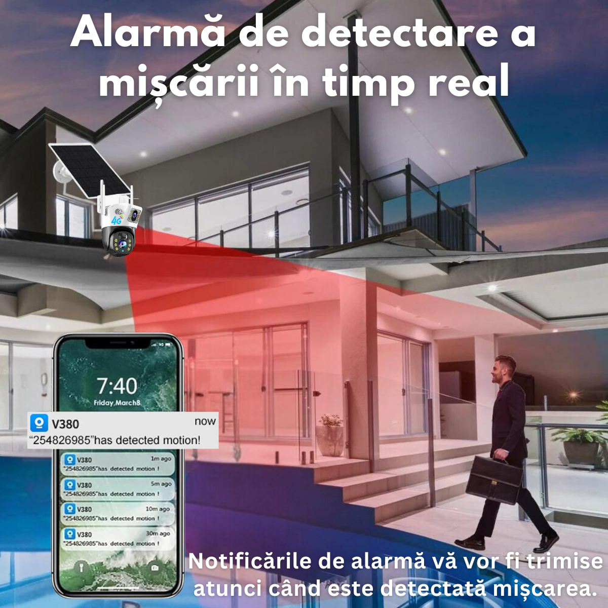 Camera Supraveghere Dubla VisionHub®, Wireless Exterior, Incarcare Solara, Baterie 12000mAh, Panou Solar10 w, Vizualizare 360°, Wi-fi, Conectare Telefon, 1080P FullHD, 4MP, zoom 10x, Audio Bidirectional, Alarma, Detectie Miscare PIR, Vizualizare Nocturna