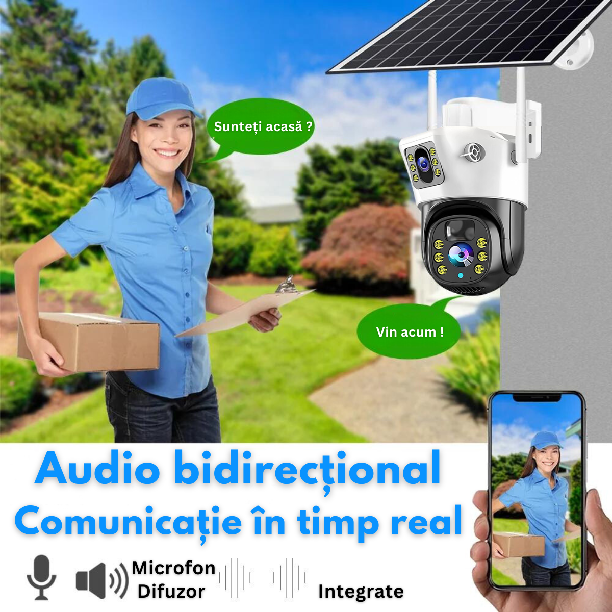 Camera Supraveghere Dubla VisionHub®, Wireless Exterior, Incarcare Solara, Baterie 12000mAh, Panou Solar10 w, Vizualizare 360°, Wi-fi, Conectare Telefon, 1080P FullHD, 4MP, zoom 10x, Audio Bidirectional, Alarma, Detectie Miscare PIR, Vizualizare Nocturna