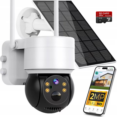 Camera Supraveghere Wireless Exterior cu Incarcare Solara, VisionHub®, Baterie Reincarcabila, Vizualizare 360°, Conectare Telefon, WIFI, 1080P FullHD, 2MP, Audio Bidirectional, alarma, Detectie Miscare PIR, Vizualizare Nocturna Color, Rezistenta la apa