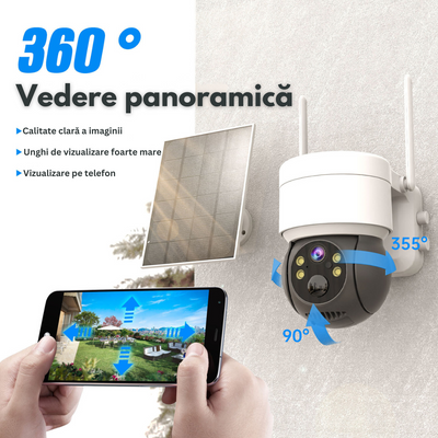 Camera Supraveghere Wireless Exterior cu Incarcare Solara, VisionHub®, Baterie Reincarcabila, Vizualizare 360°, Conectare Telefon, WIFI, 1080P FullHD, 2MP, Audio Bidirectional, alarma, Detectie Miscare PIR, Vizualizare Nocturna Color, Rezistenta la apa